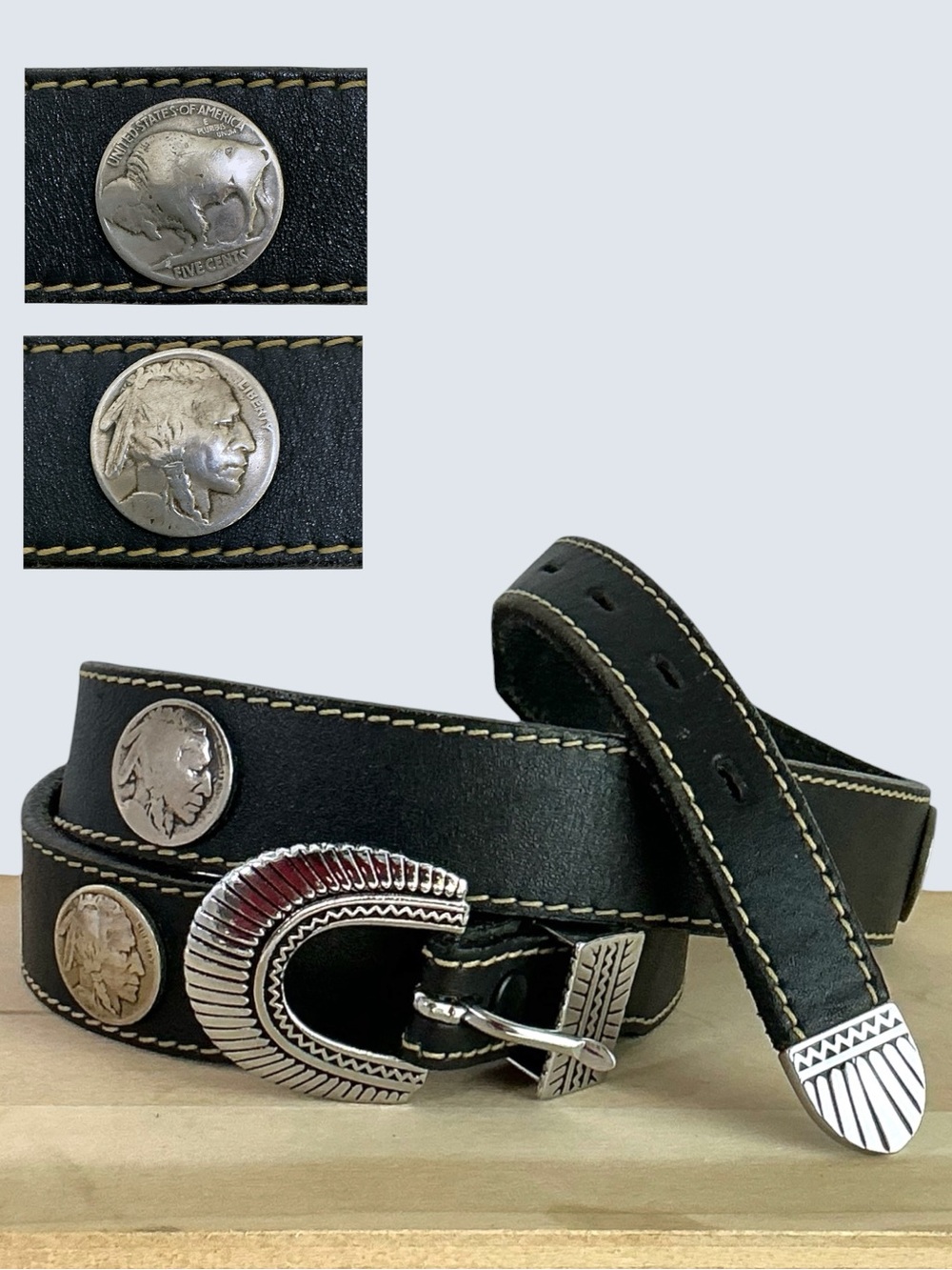 Leegin Western Belt Indian Head Buffalo Nickel Coins Leather Vintage USA Men 36